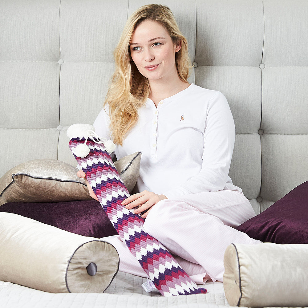 Warmies® Extra Long Hot Water Bottle Purple Chevron, Super Soft, Luxury Cover, Providing All Over Warmth